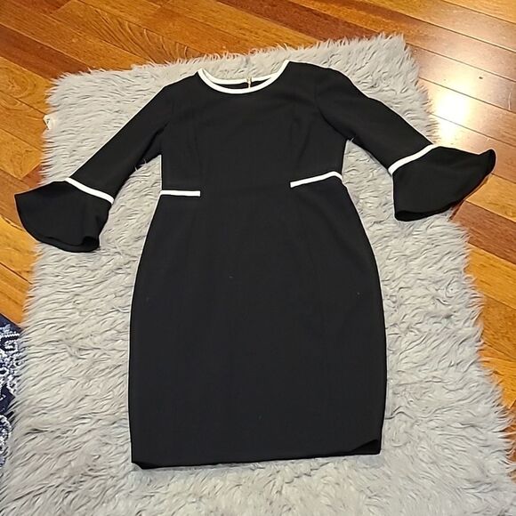 Calvin klein womens black and white‎ stretch polyester bell sleeve dress - Picture 1 of 6